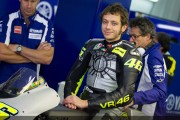 Motorcycle racer Valentino Rossi on a Yamaha race bike.
